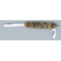 couteau canif navette,  motif chasse, sur manche laiton